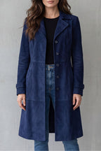 Women's Longline Vintage Suede-Finish Coat – Navy