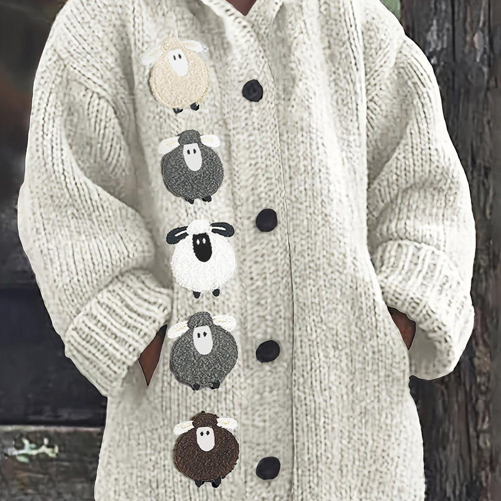 Women's Chunky Hooded Cardigan with Sheep Design – Grey
