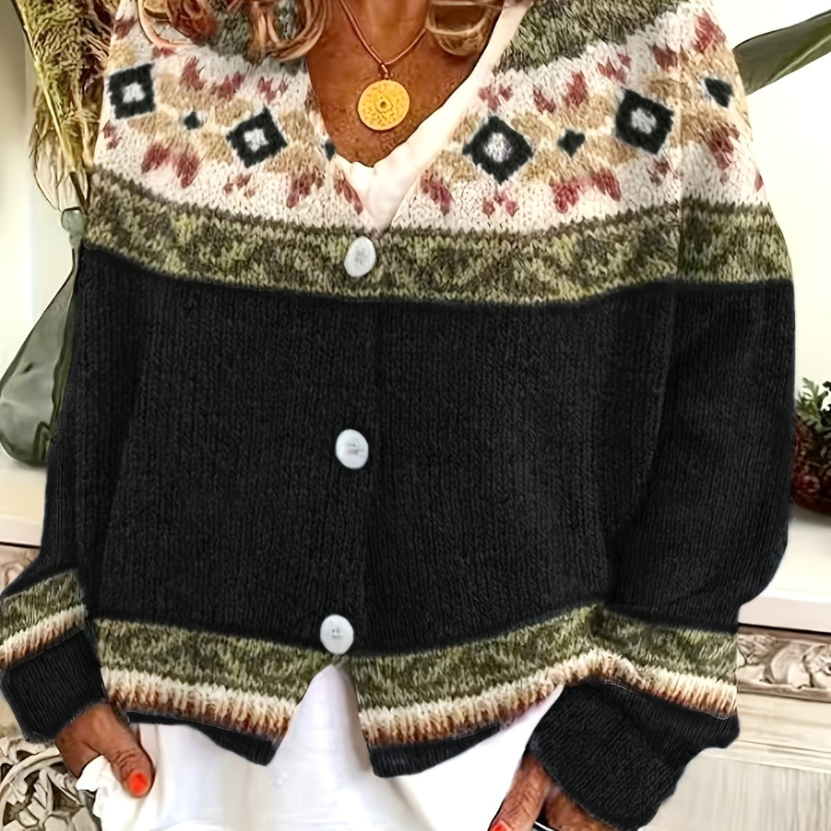 Women's Geometric Pattern Button-Front Cardigan – Deep Grey