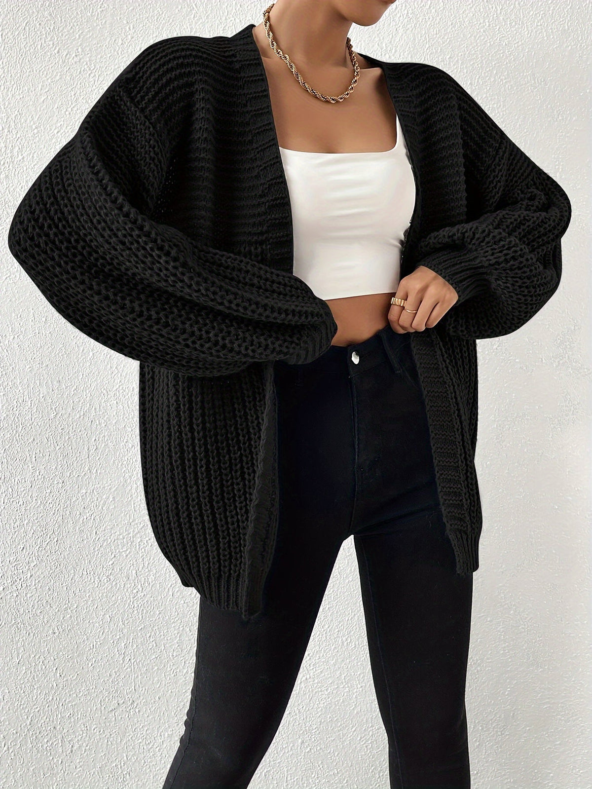 Women's Black Chunky Knit Open-Front Cardigan