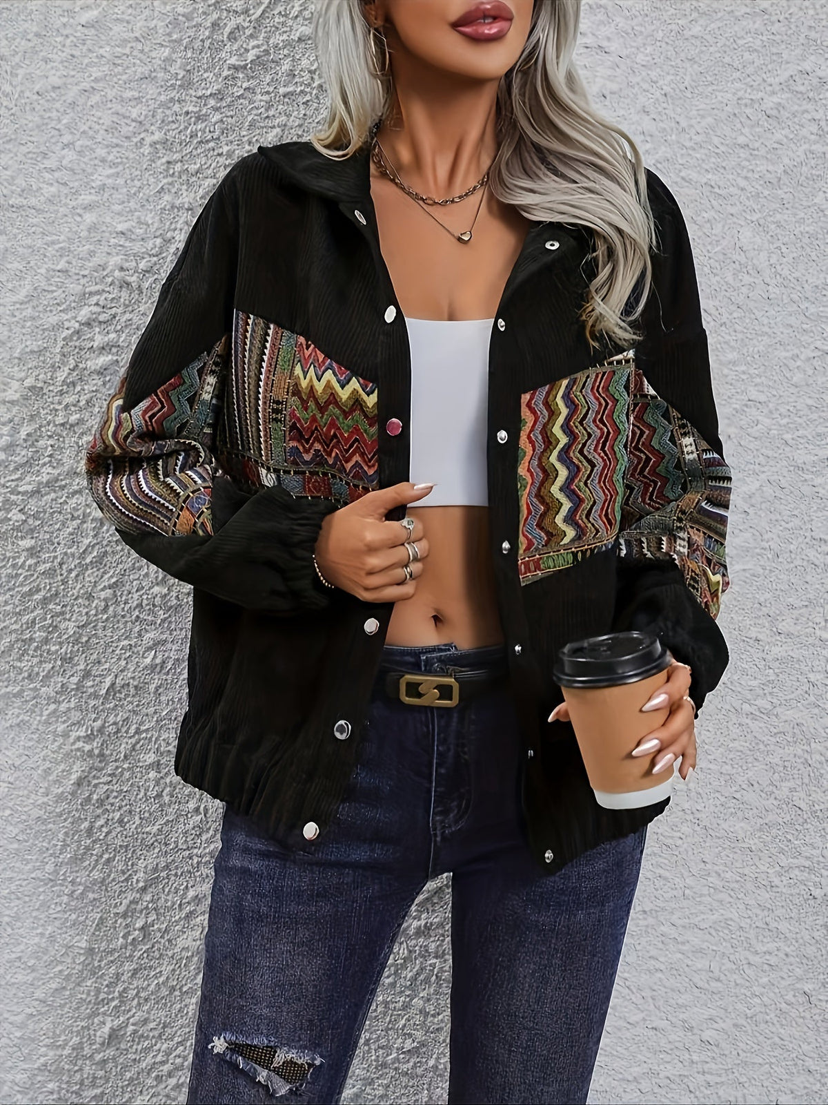 Women's Black Patchwork Lapel Jacket – Black