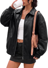 Oversized Faux Leather Bomber Jacket for Women – Casual Wear, Everyday Style