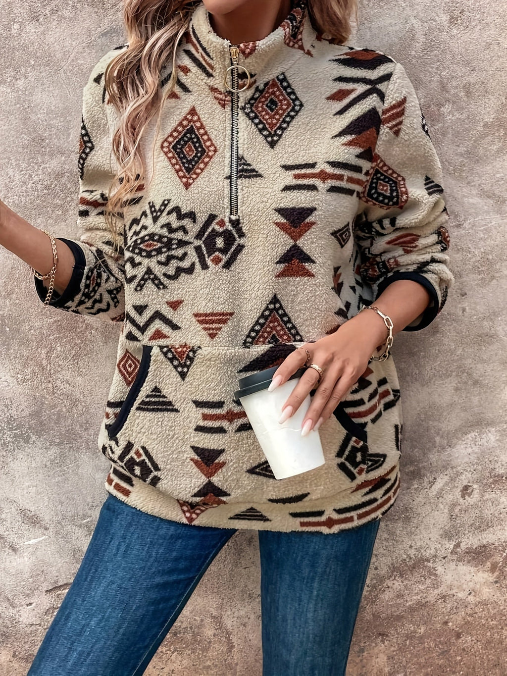 Women's Aztec Print Quarter-Zip Plush Pullover – Off-white
