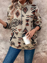 Women's Aztec Print Quarter-Zip Plush Pullover – Off-white