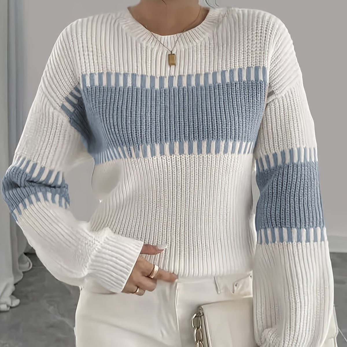 Women's Colour Block Striped Jumper – Drop Shoulder – White and Blue