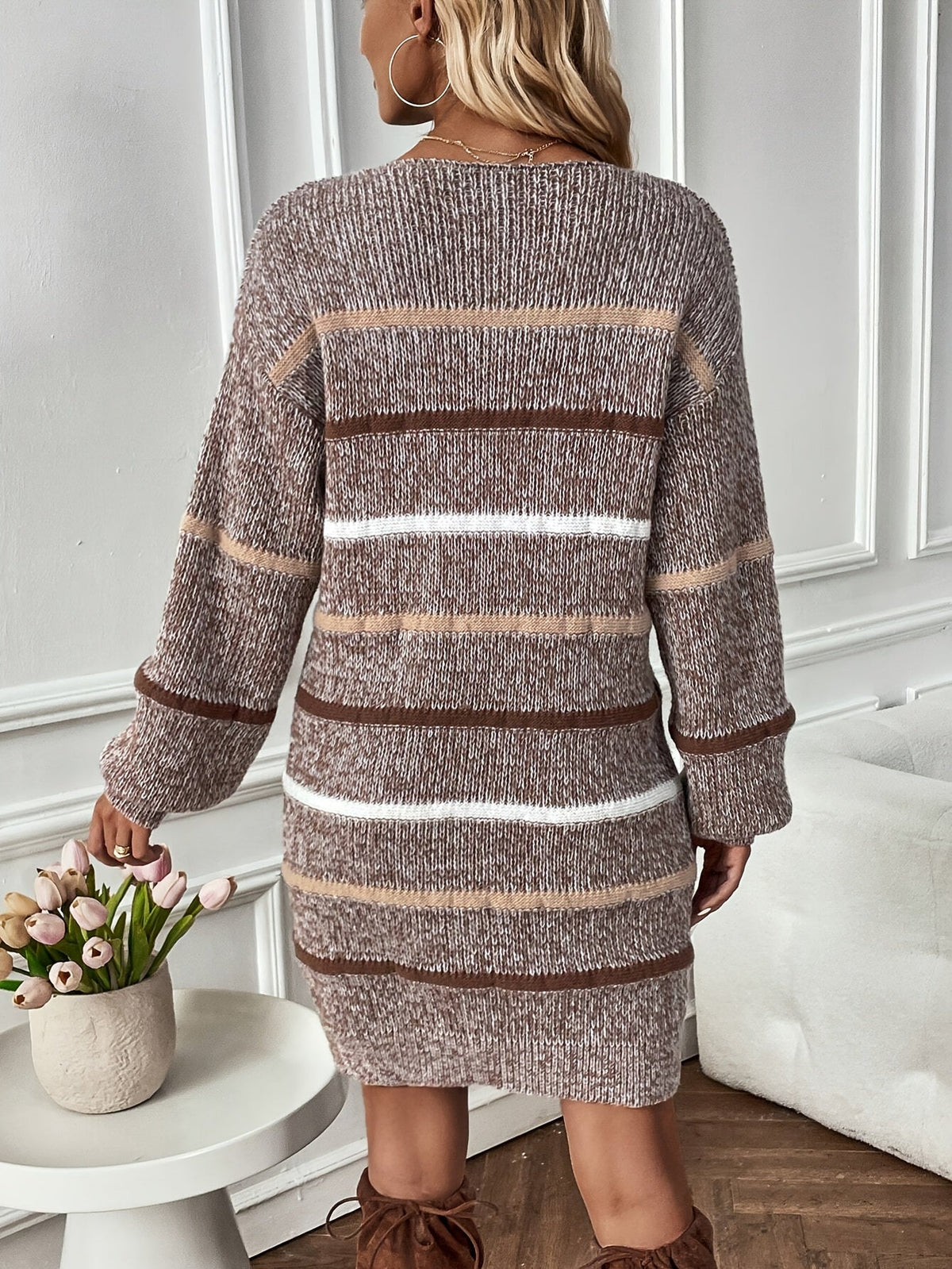 Women's Striped Jumper Dress – Brown & Cream