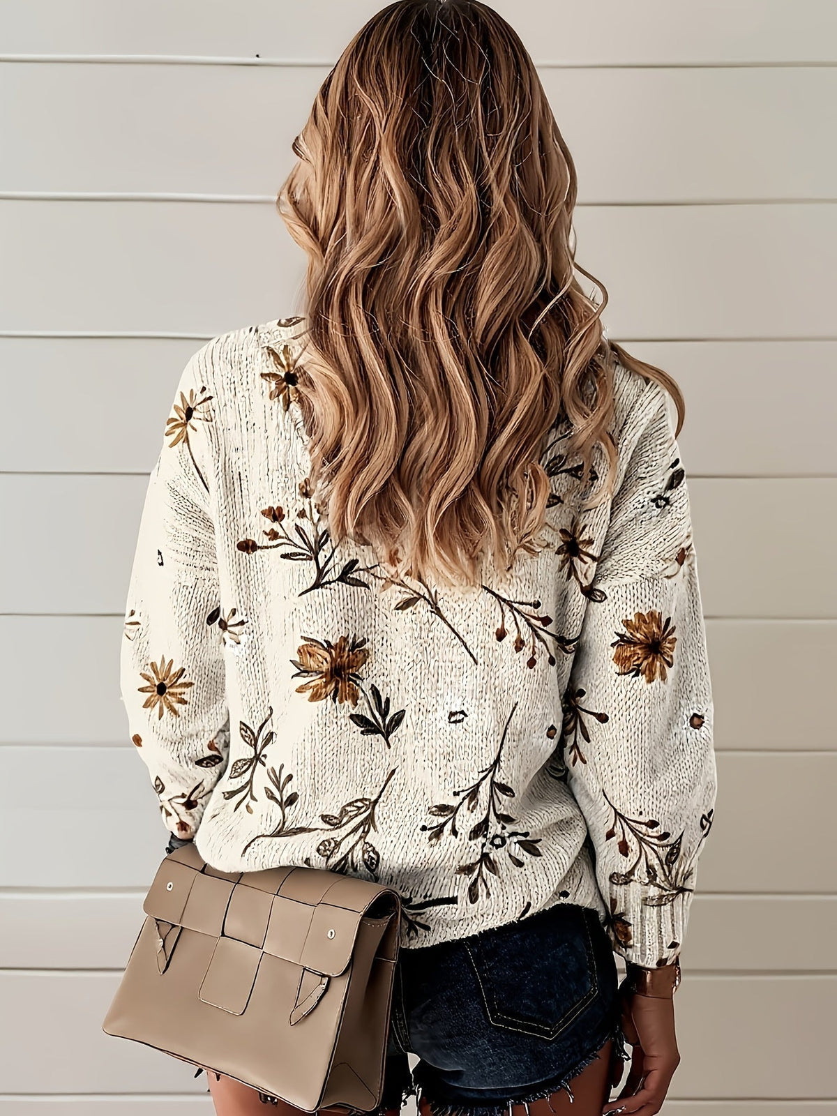 Women's Floral V-Neck Jumper – Cream & Brown