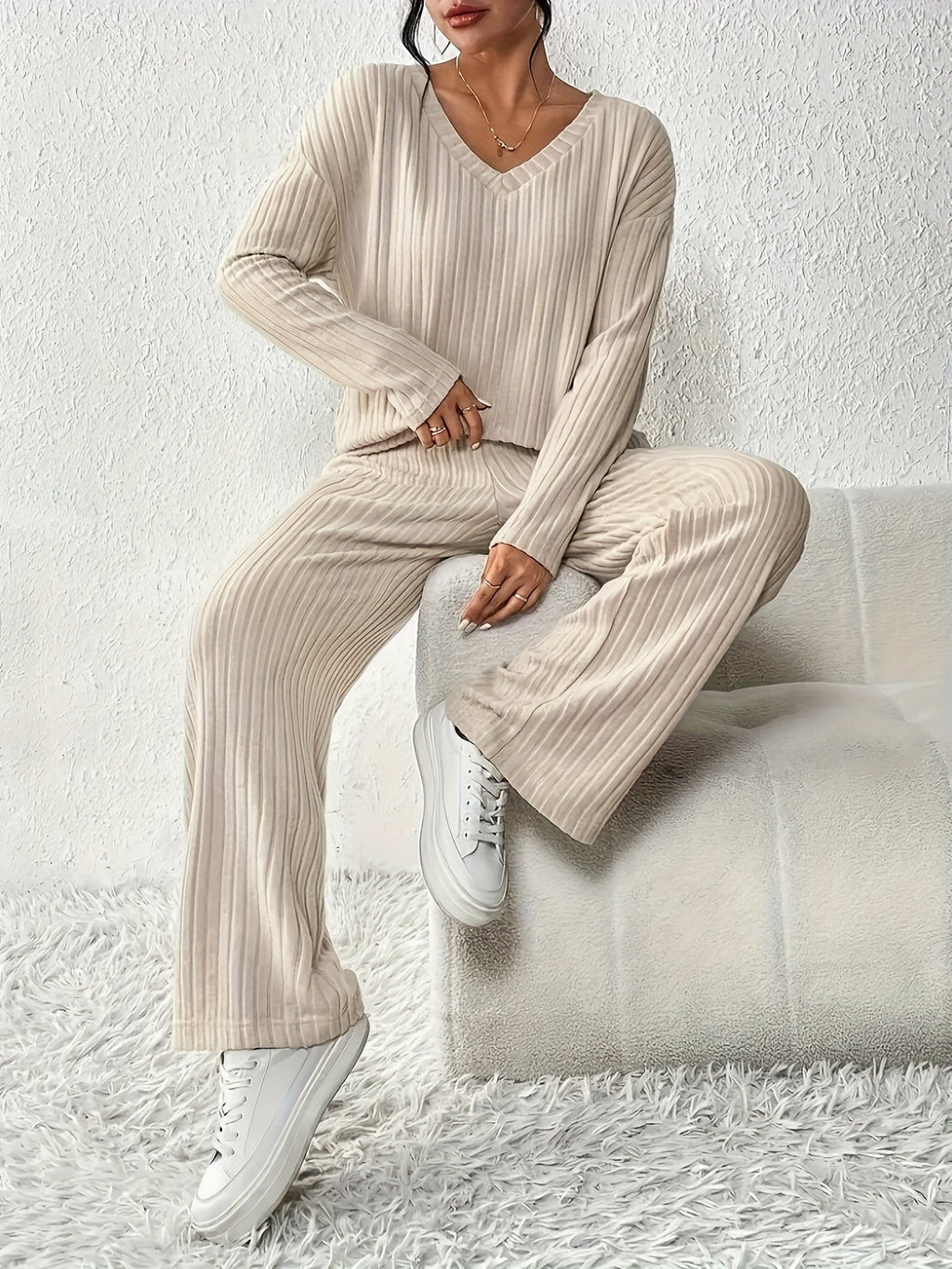 Women's Apricot Ribbed Lounge Set with Wide-Leg Trousers