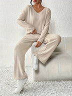 Women's Apricot Ribbed Lounge Set with Wide-Leg Trousers