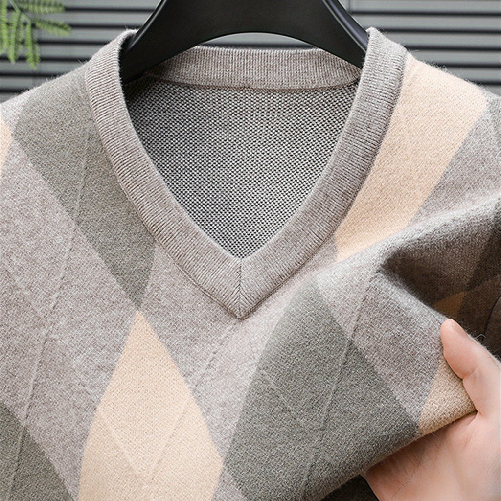 Men's Argyle V-Neck Jumper – Rice Grains