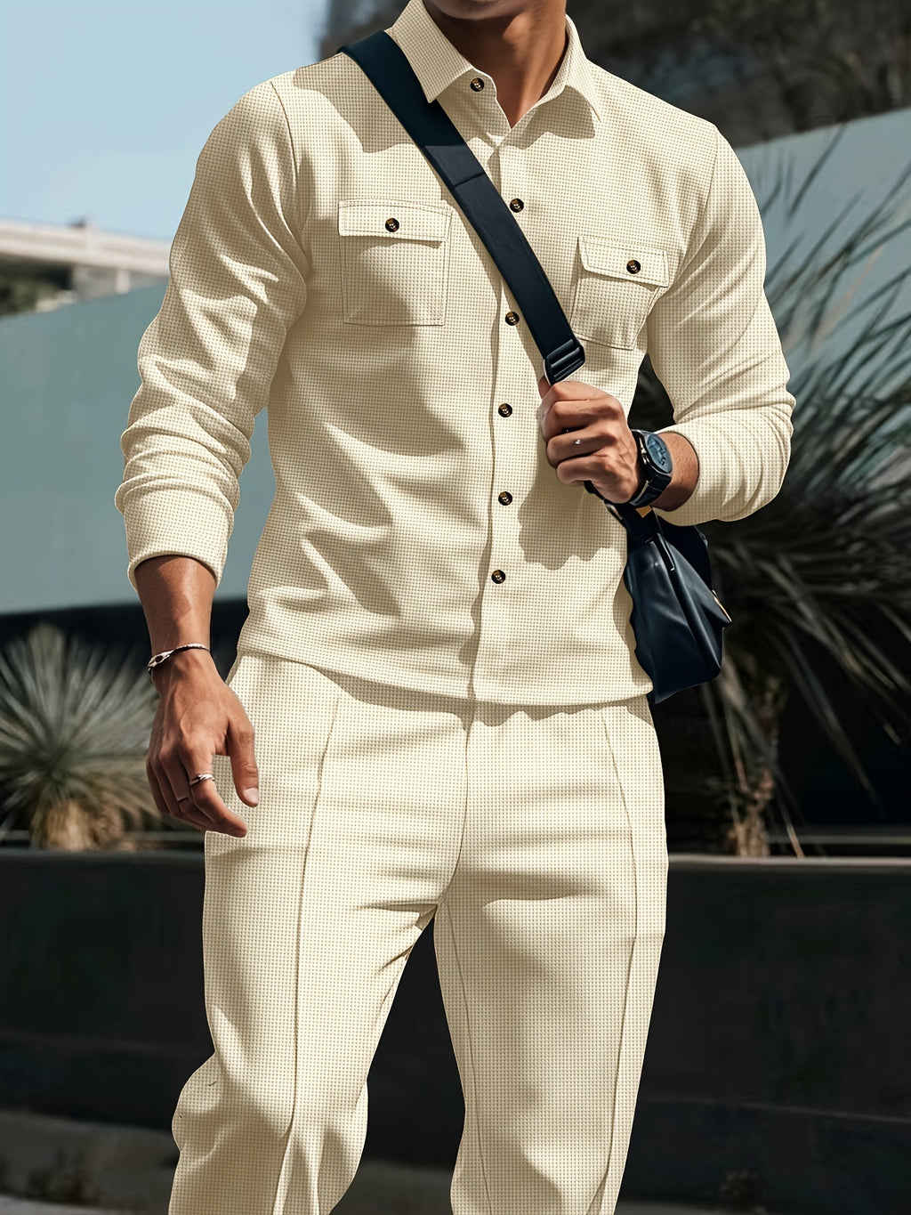 Men's Two-Piece Button-Front Set with Drawstring Trousers