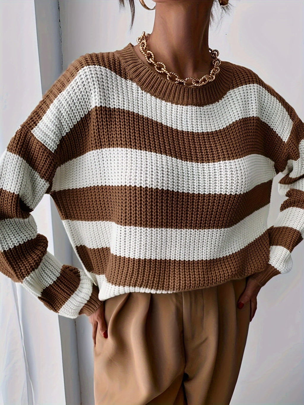 Women's Relaxed Striped Jumper – Drop Shoulder – Coffee White