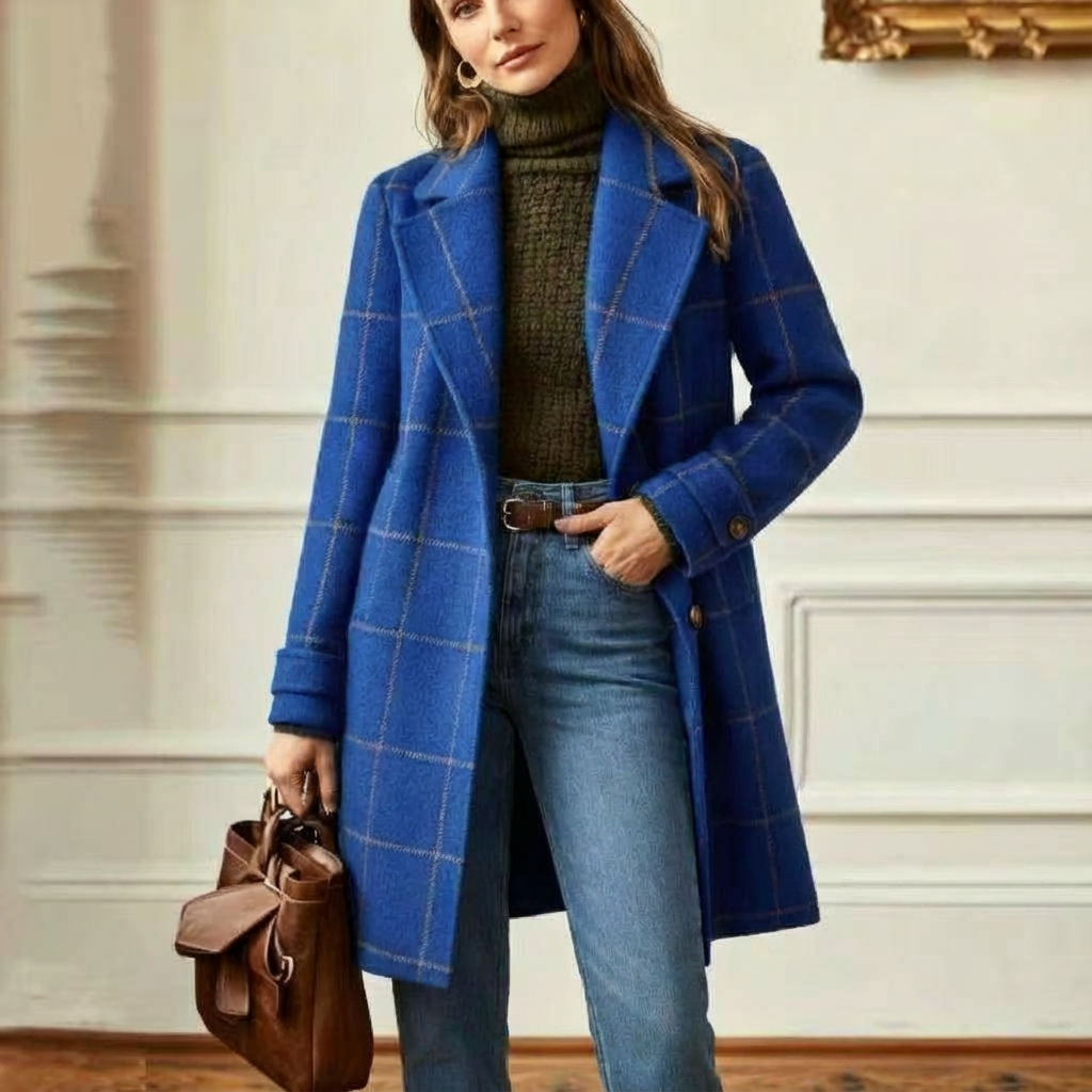 Women's Wool Blend Check Coat – Office & Casual – Royal Blue