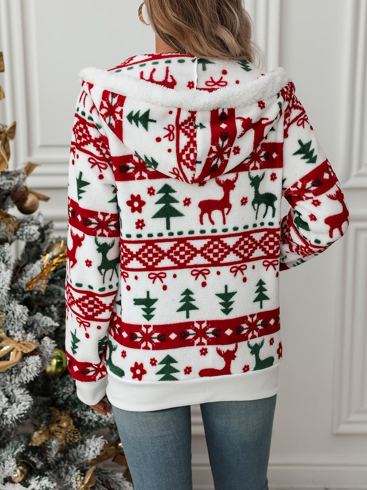 Women's Hooded Zip Christmas Cardigan – Red & Green