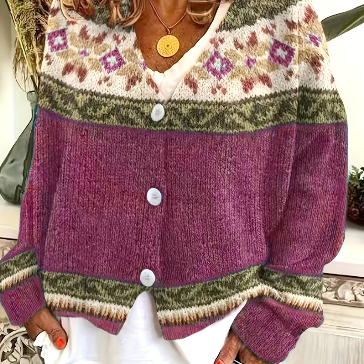 Women's Geometric Pattern Button-Front Cardigan – Rose Red