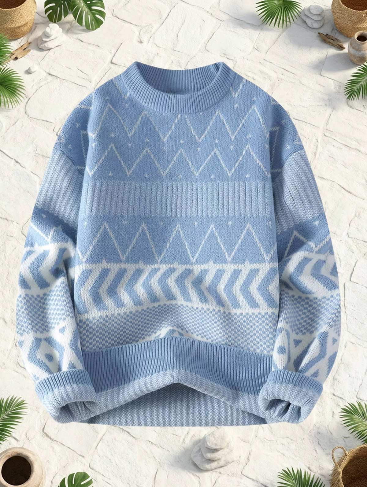 Men's Sky Blue Patterned Crew Neck Jumper