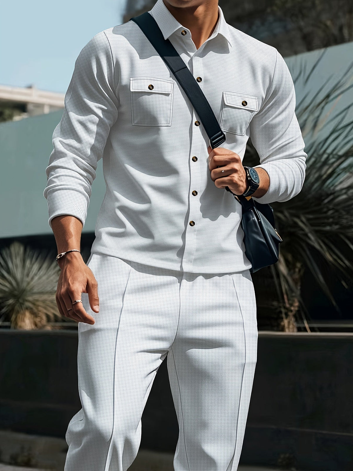 Men's Two-Piece Button-Front Set with Drawstring Trousers