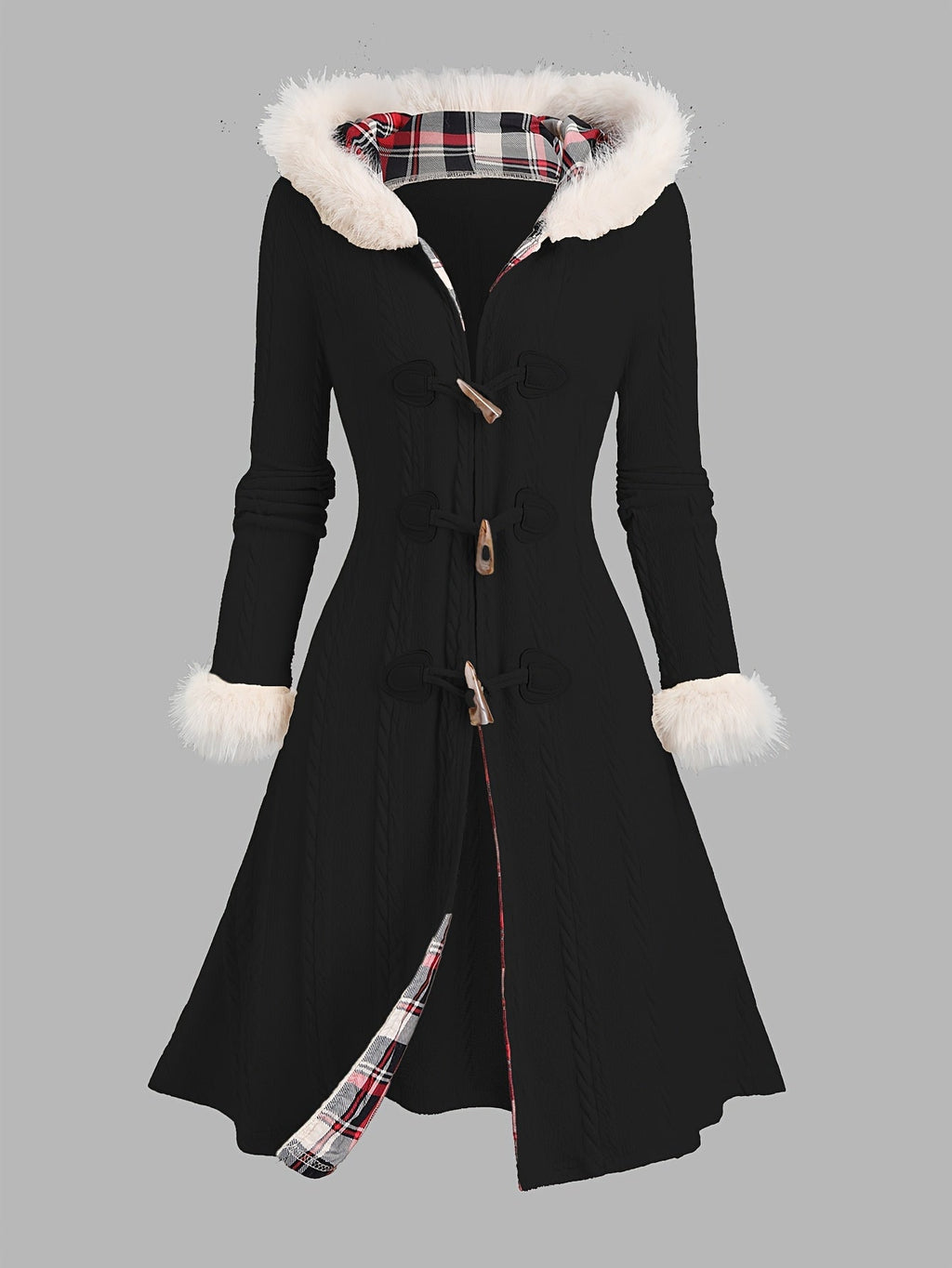 Women's Black Fur-Trimmed Hooded Longline Coat