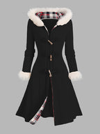 Women's Black Fur-Trimmed Hooded Longline Coat