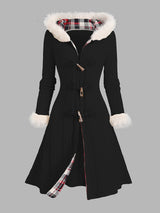 Women's Black Fur-Trimmed Hooded Longline Coat