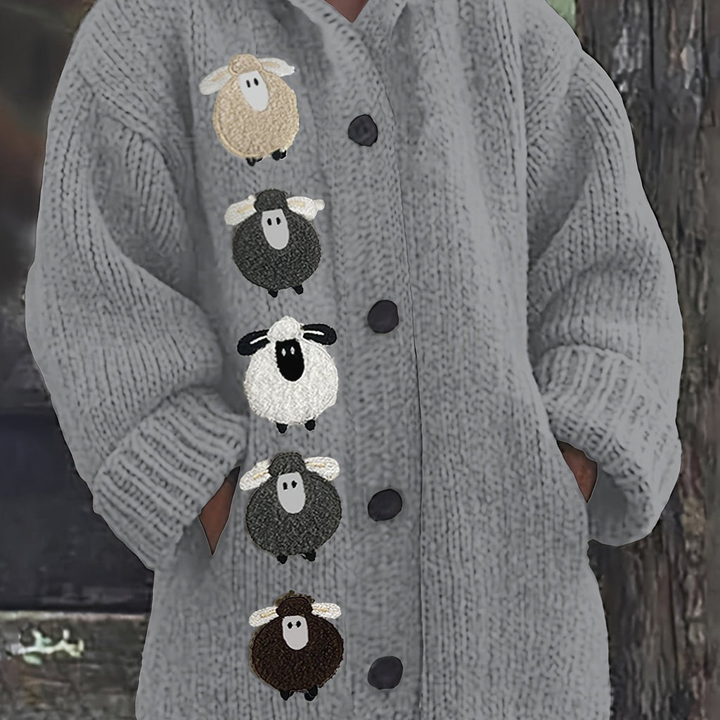 Women's Chunky Hooded Cardigan with Sheep Design