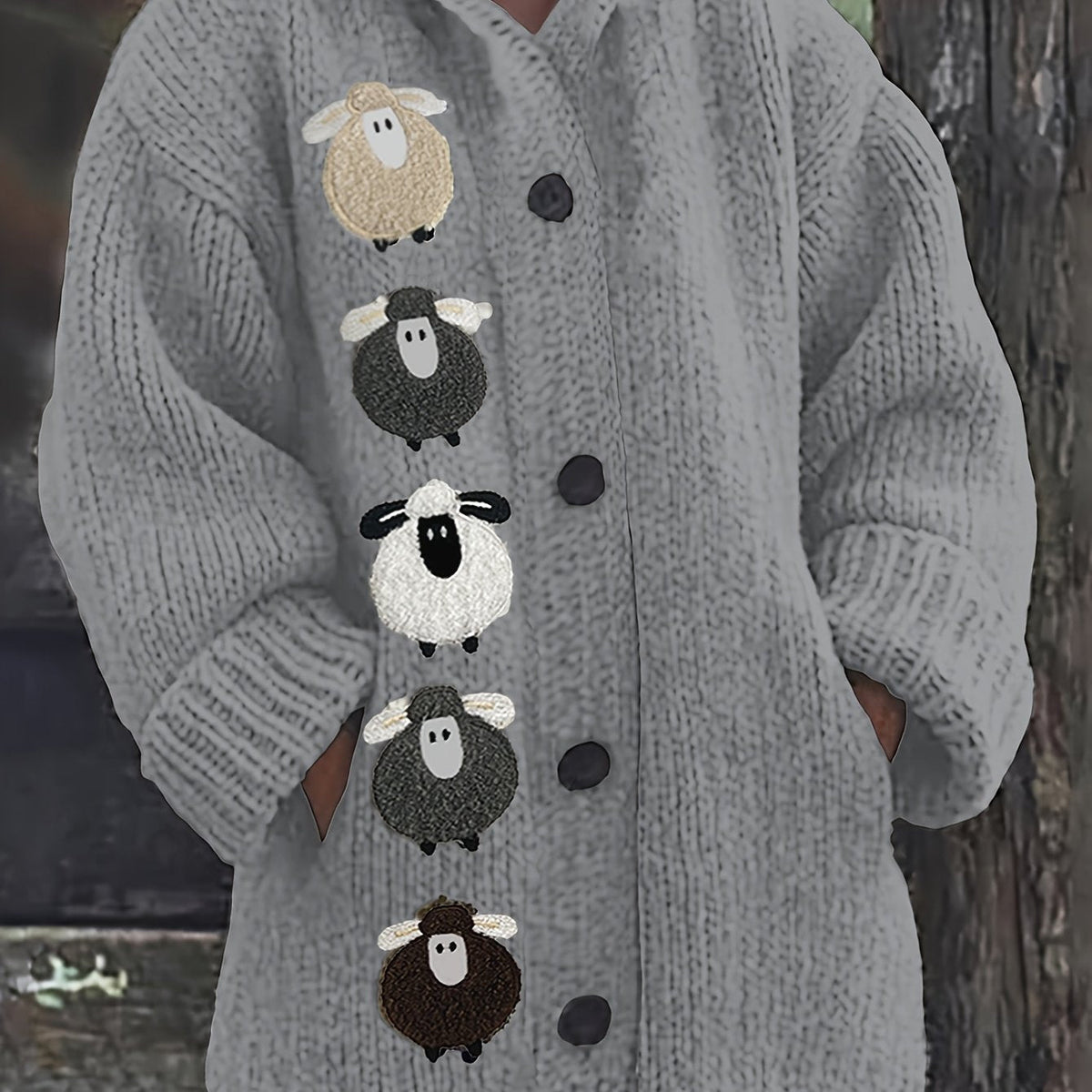Women's Chunky Hooded Cardigan with Sheep Design