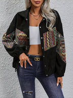 Women's Black Patchwork Lapel Jacket