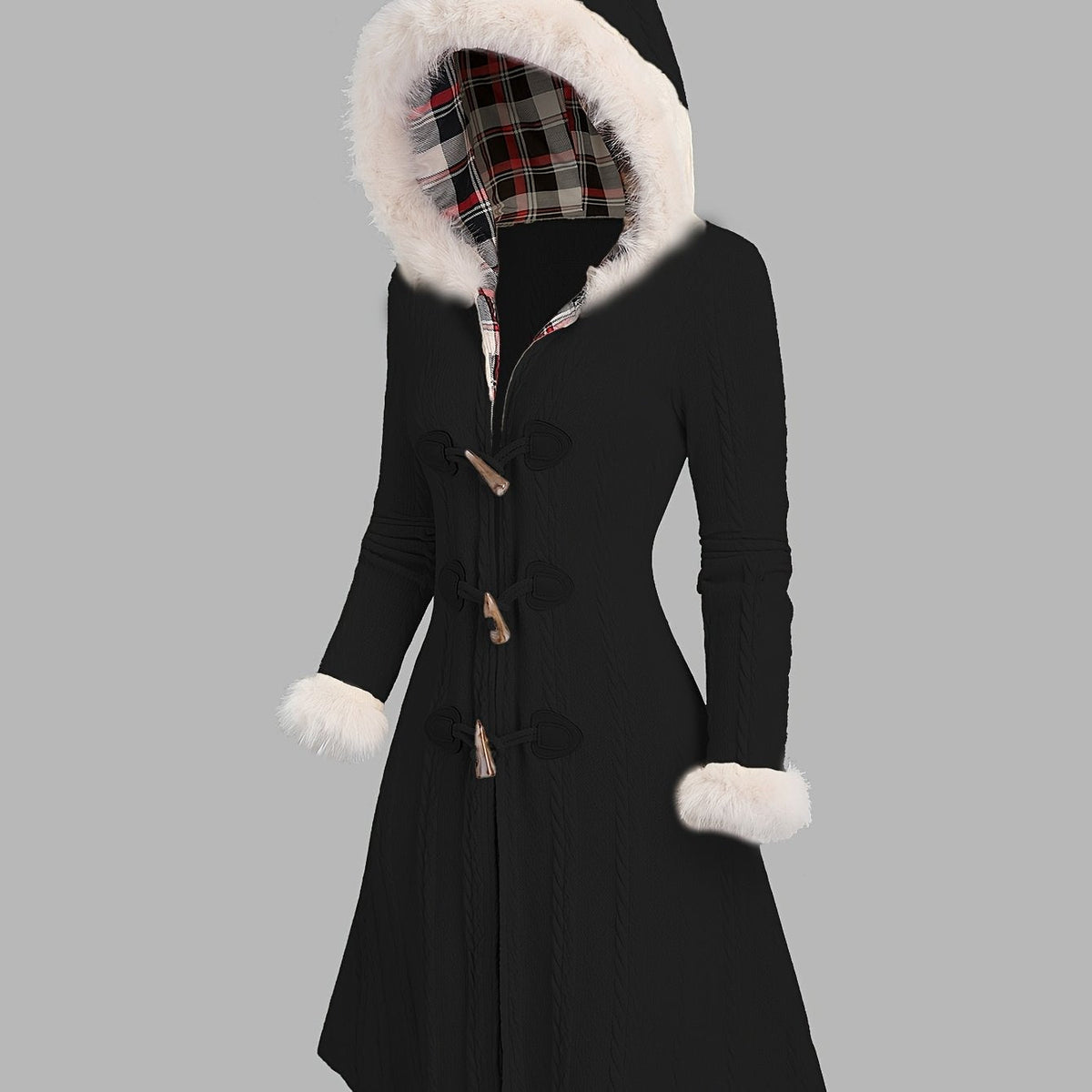 Women's Black Fur-Trimmed Hooded Longline Coat – Black