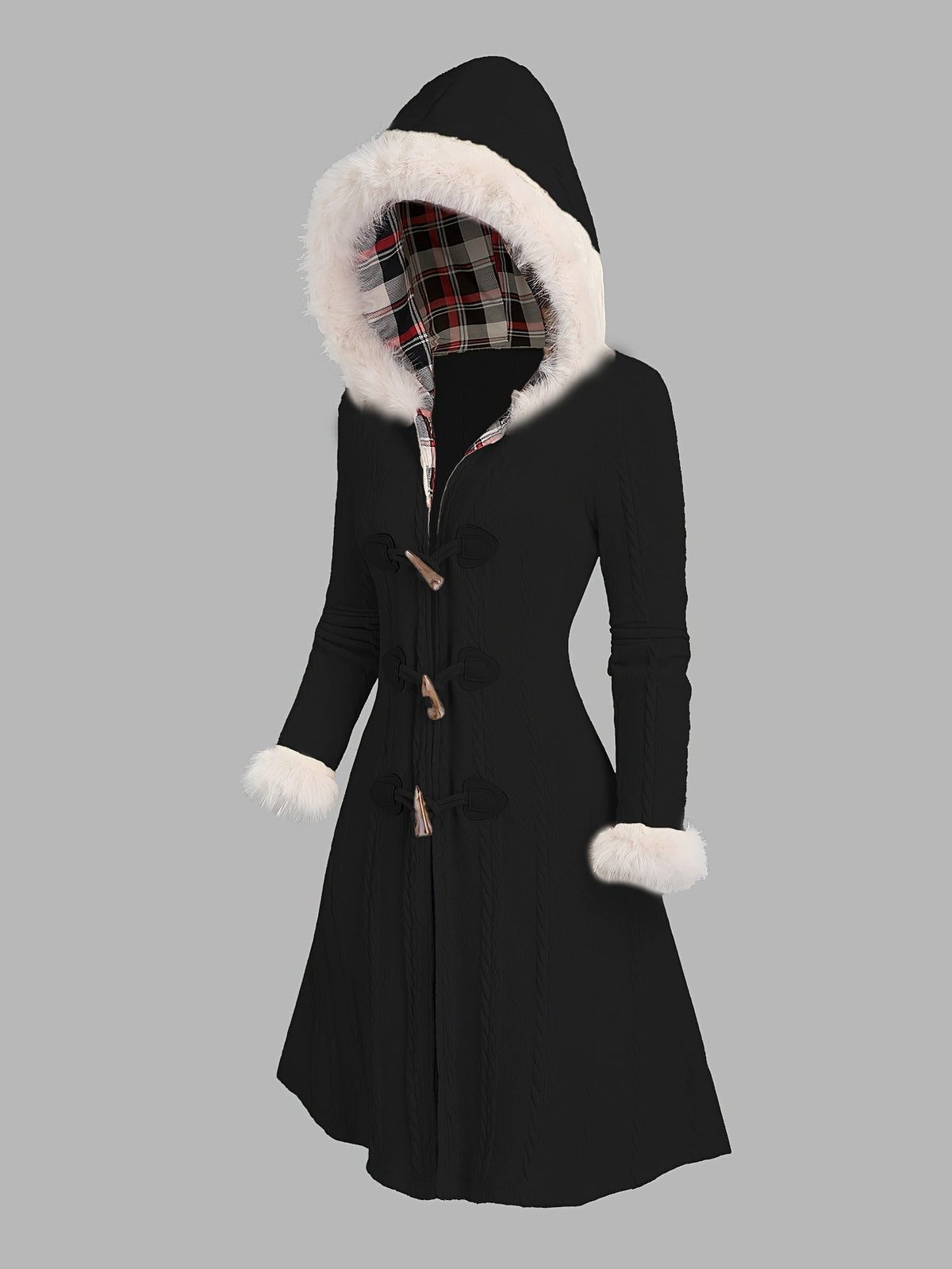 Women's Black Fur-Trimmed Hooded Longline Coat