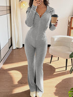 Women's Ribbed Zip-Up Lounge Set with Flared Trousers