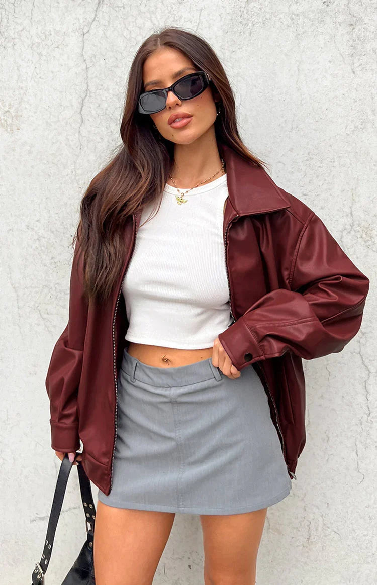 Rote PU Bomberjacke – Casual, Streetwear