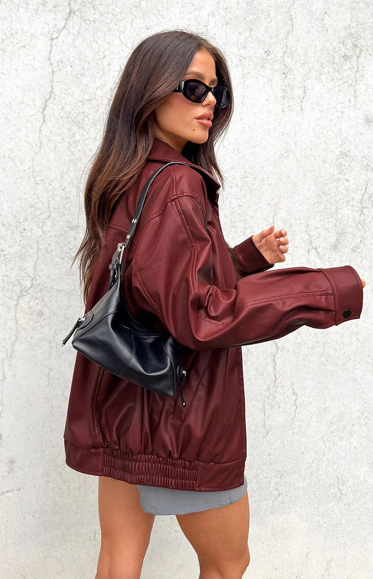 Rote PU Bomberjacke – Casual, Streetwear