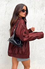 Rote PU Bomberjacke – Casual, Streetwear