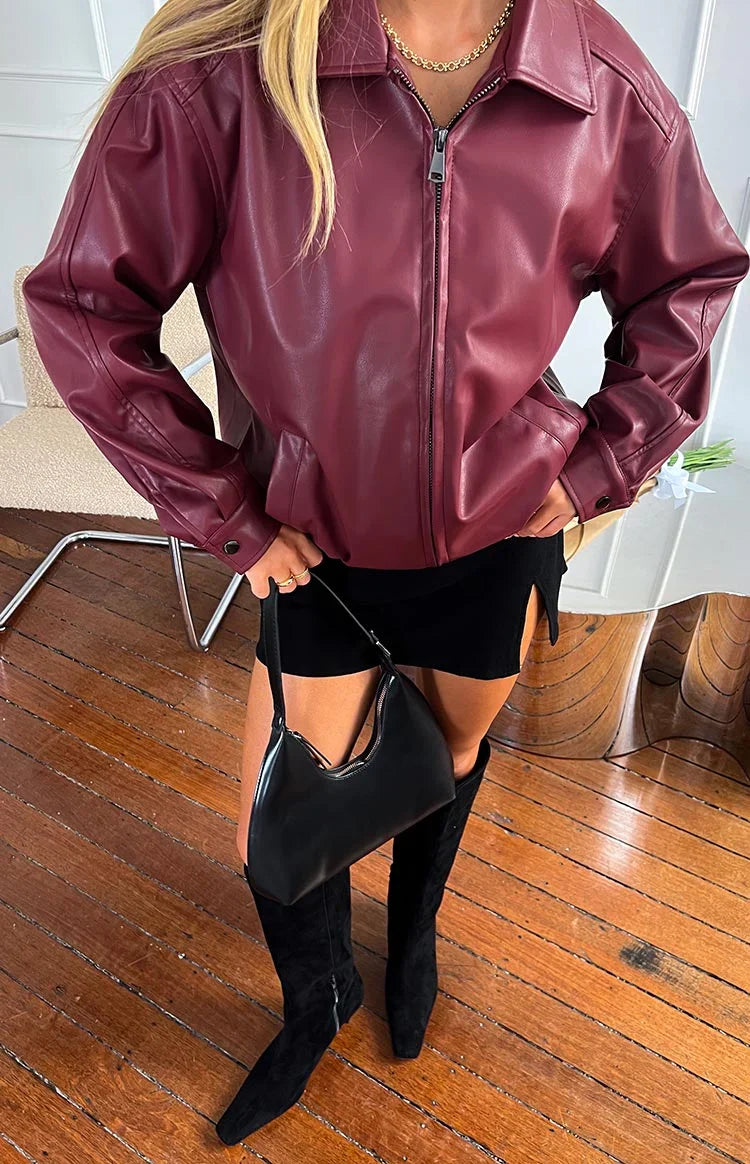 Rote PU Bomberjacke – Casual, Streetwear