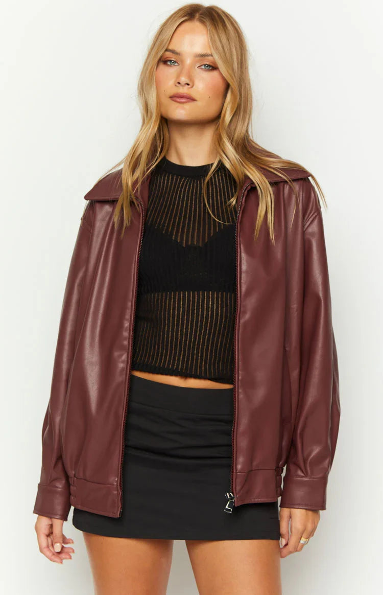 Rote PU Bomberjacke – Casual, Streetwear