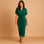 Ankle-Length V-Neck Draped Dress - Elegant Evening Wear for Women, Versatile Style for Special Occasions