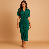 Ankle-Length V-Neck Draped Dress - Elegant Evening Wear for Women, Versatile Style for Special Occasions
