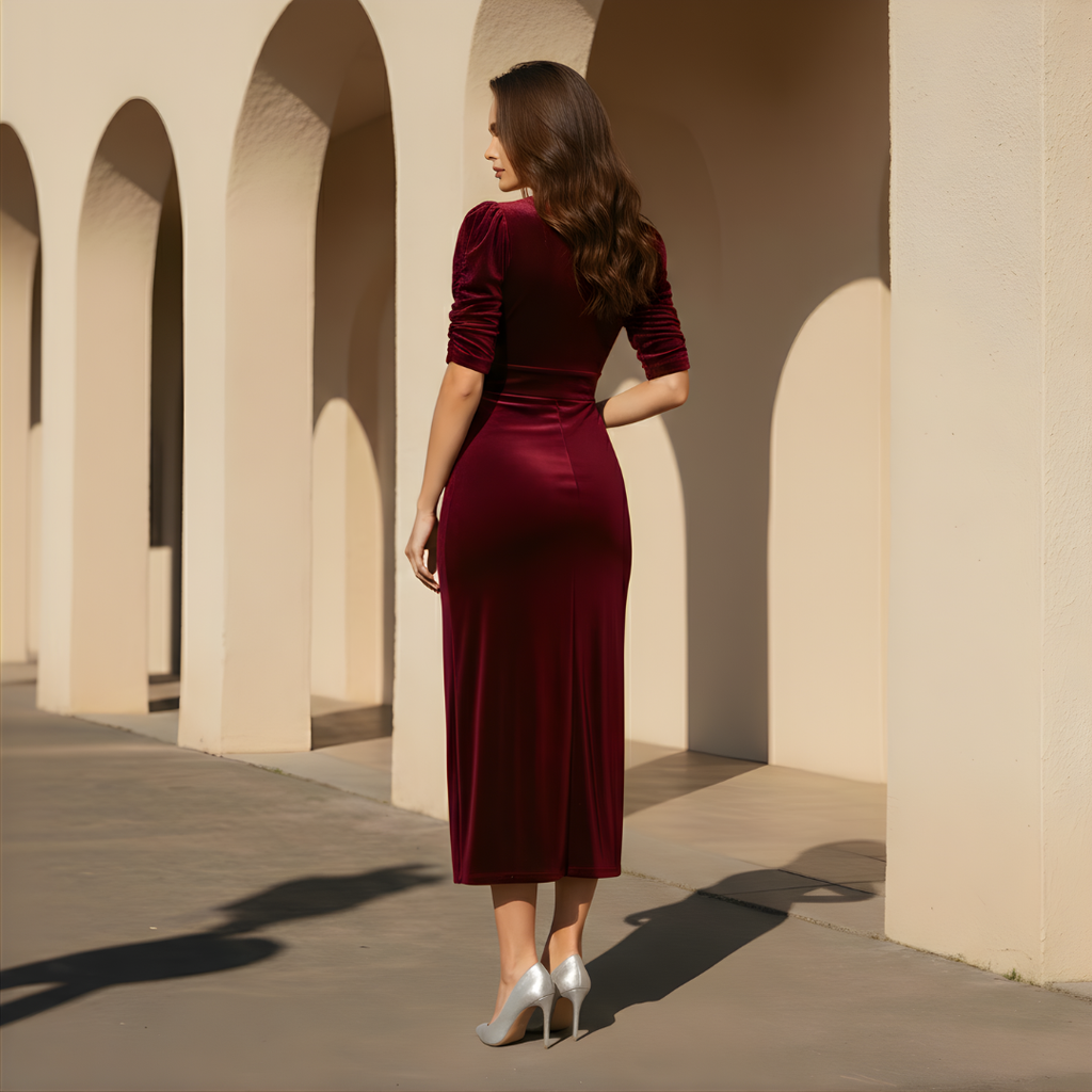 Burgundy Velvet Midi Cocktail Dress for Women - Elegant Evening Wear