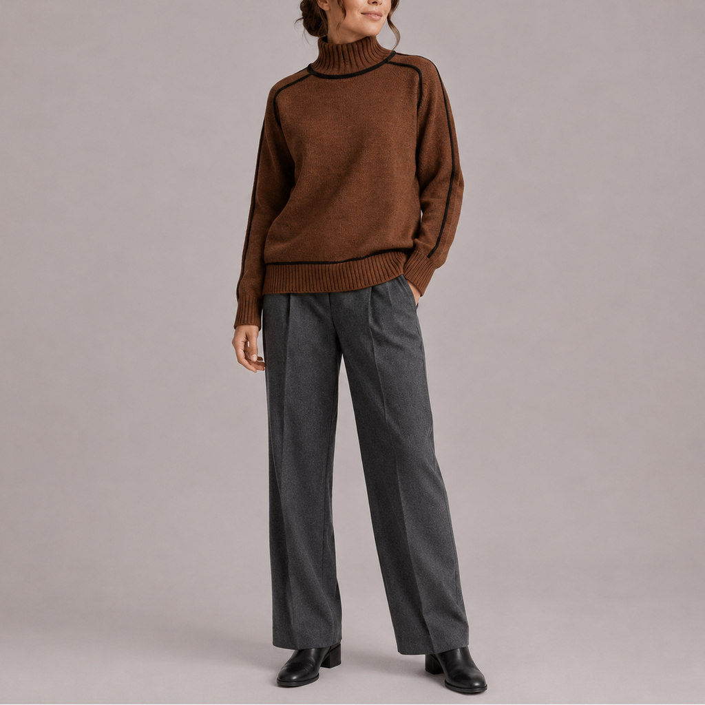 Women's Contrast Trim Roll Neck Jumper – Brown