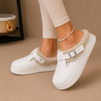 Women's Fleece-Lined Mule Slippers with Buckle – White