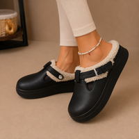 Women's Fleece-Lined Mule Slippers with Buckle – Black