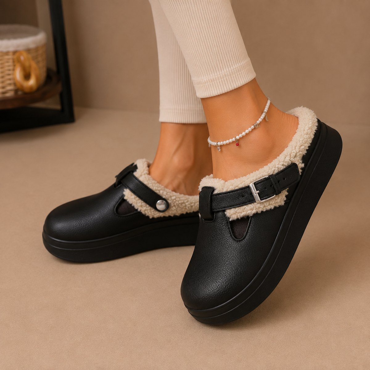 Women's Fleece-Lined Mule Slippers with Buckle – Black