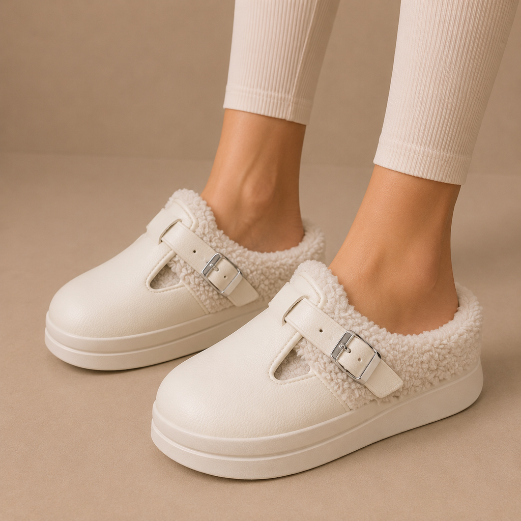 Women's Fleece-Lined Mule Slippers with Buckle – Beige