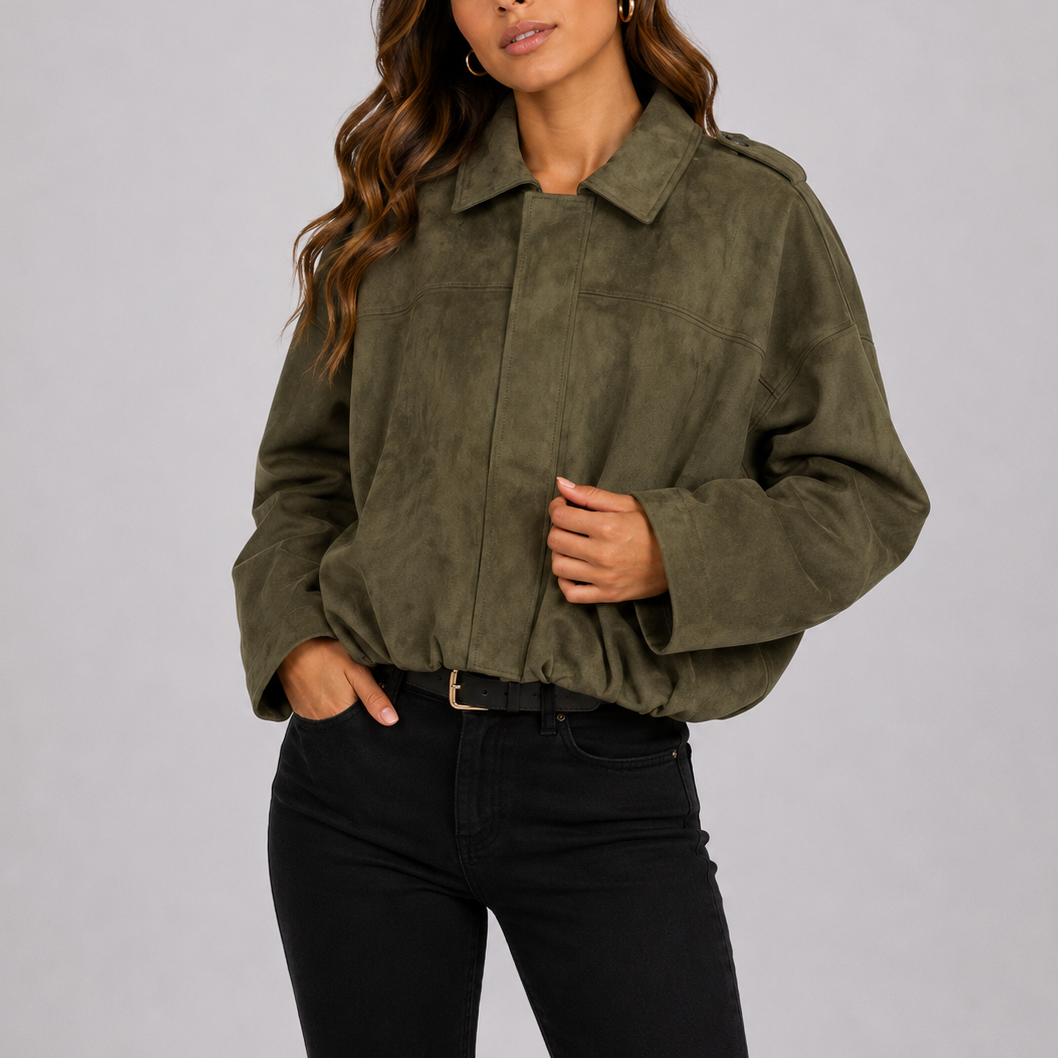 Women's Oversized Suede-Look Bomber Jacket – Green