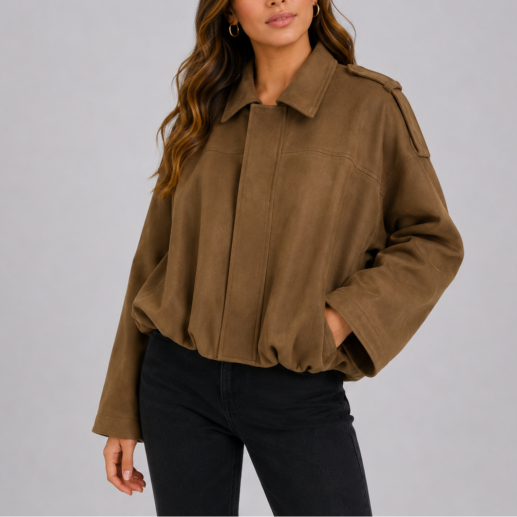 Women's Oversized Suede-Look Bomber Jacket – Coffee