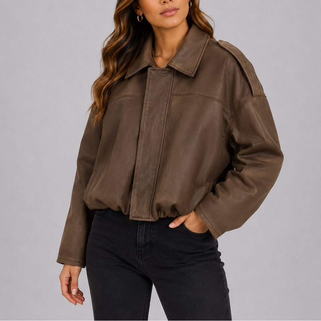 Women's Oversized Suede-Look Bomber Jacket – Brown