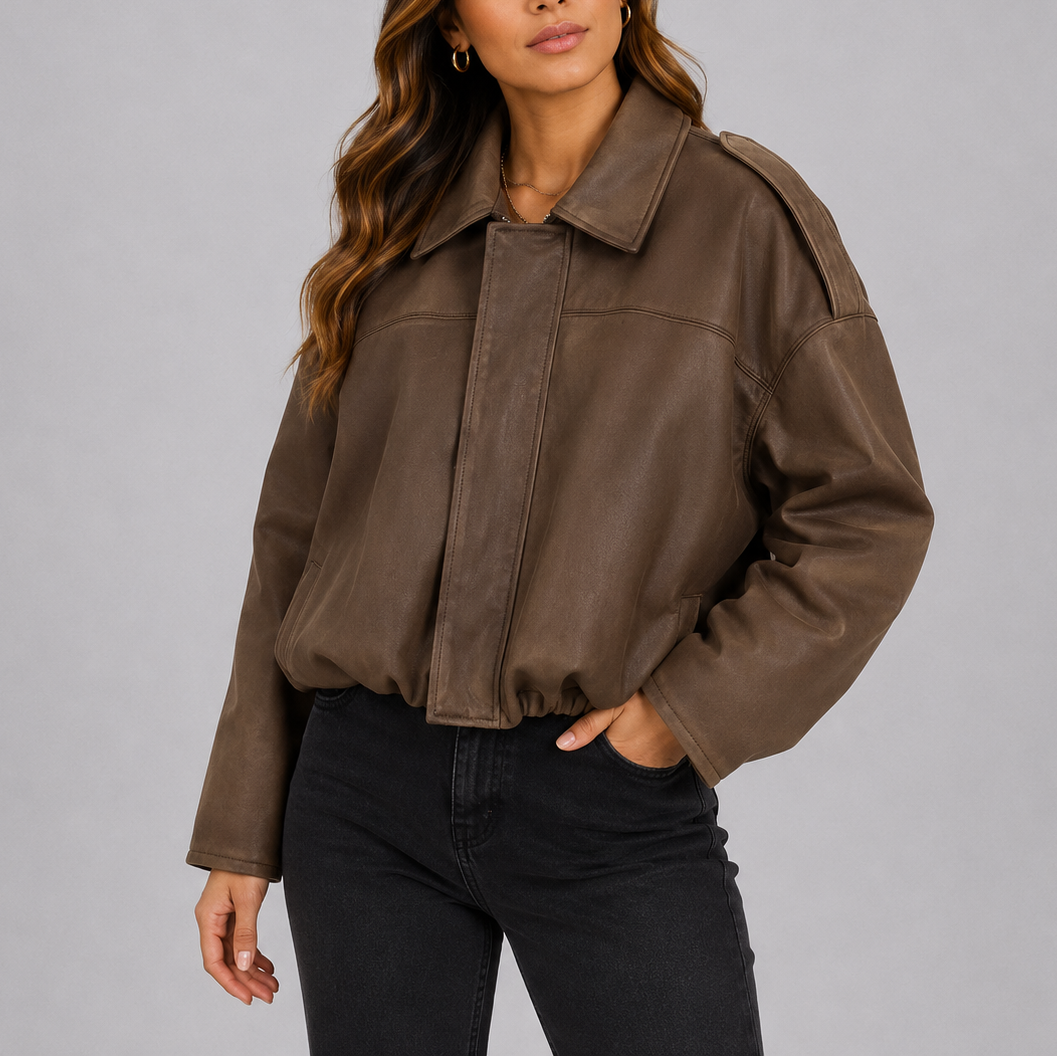 Women's Oversized Suede-Look Bomber Jacket – Brown