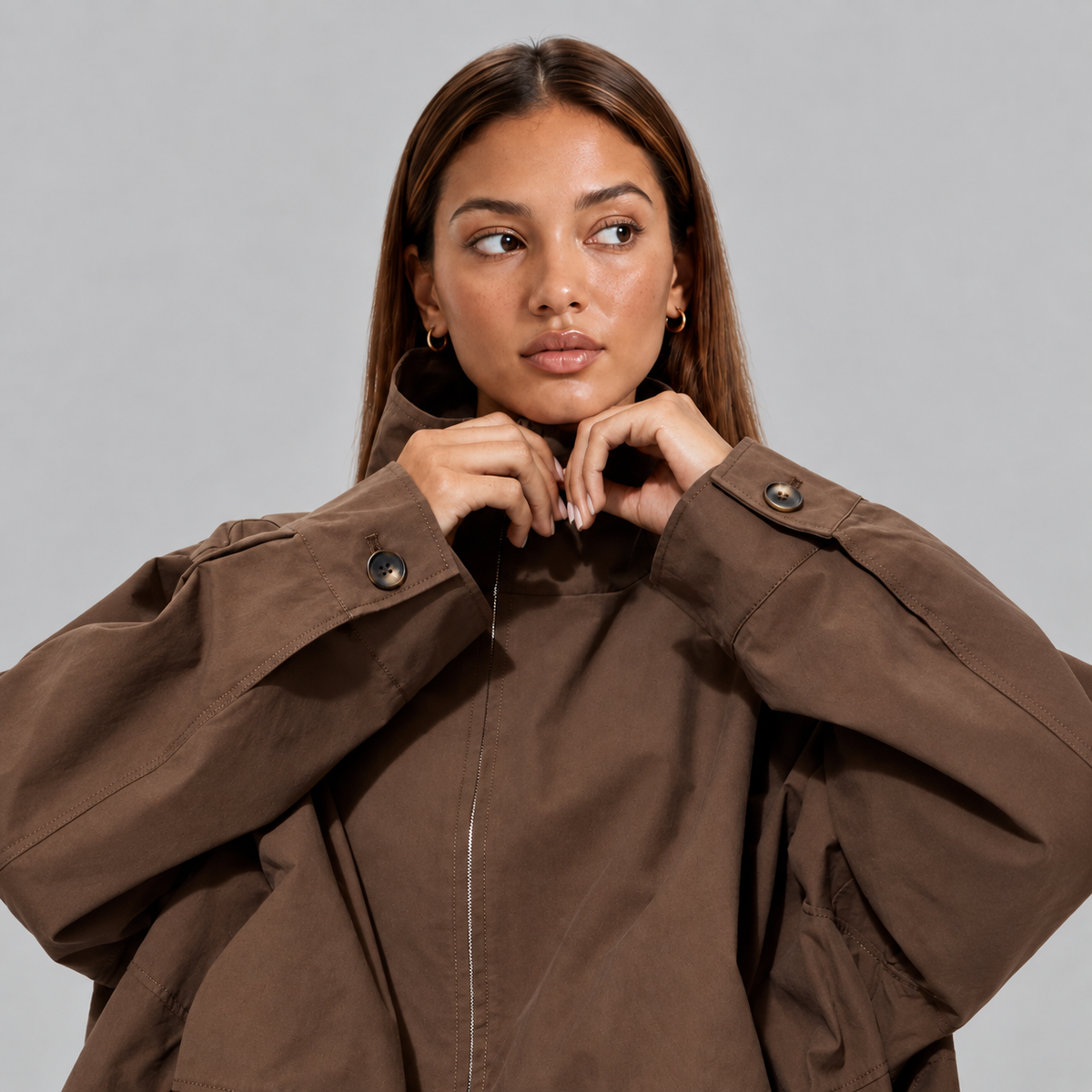 Women's Brown Cropped Oversized Bomber Jacket
