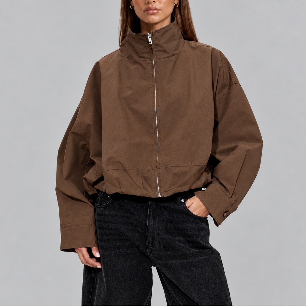 Women's Brown Cropped Oversized Bomber Jacket – Brown