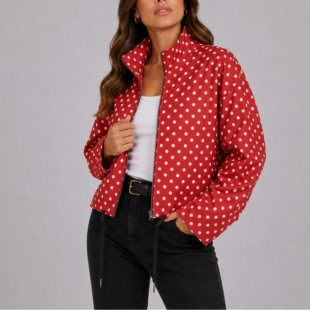 Women's Polka Dot Bomber Jacket – Stand Collar – Red